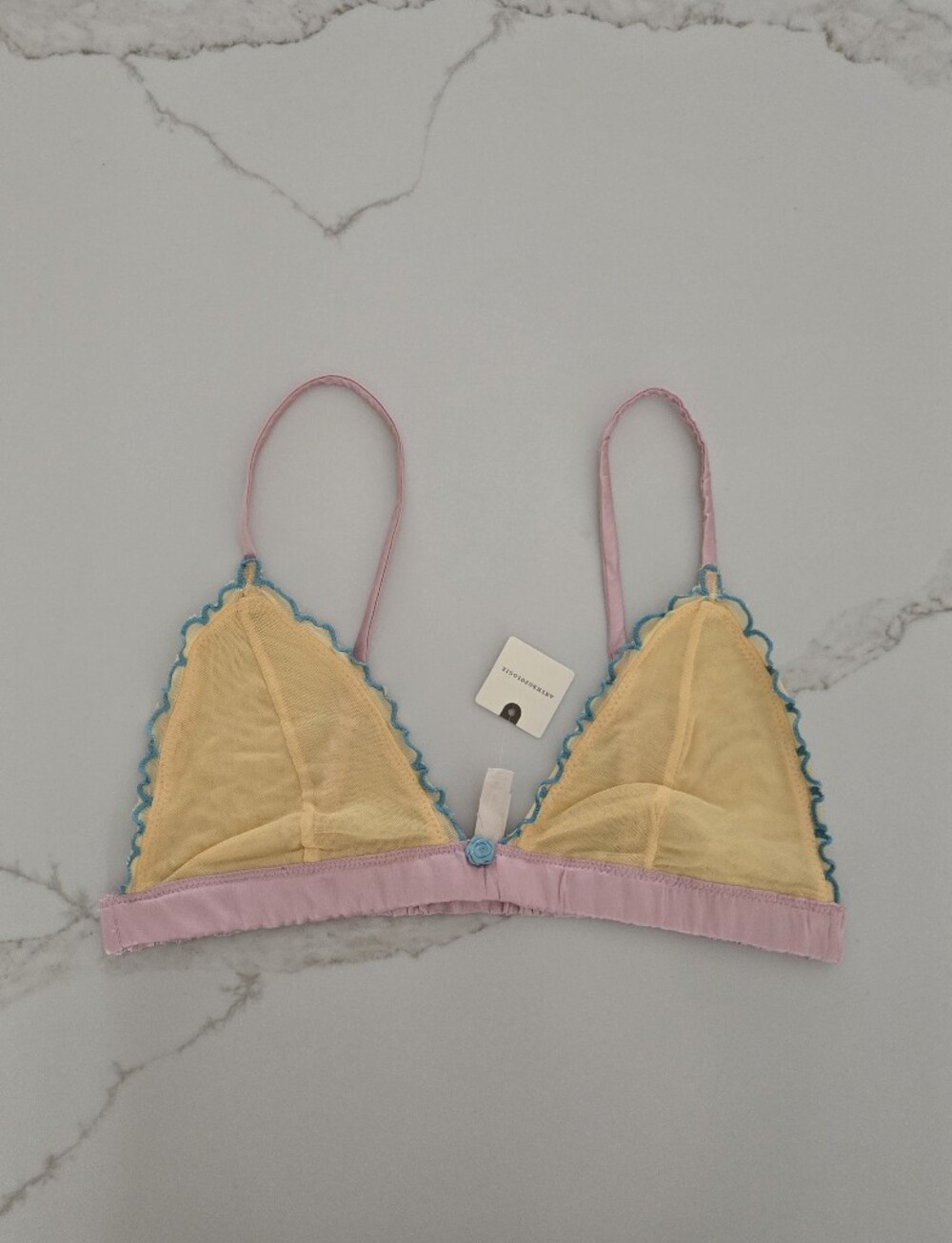 NWT Anthropologie Sheer Yellow & Pink Triangle Bralette with Blue Trim
